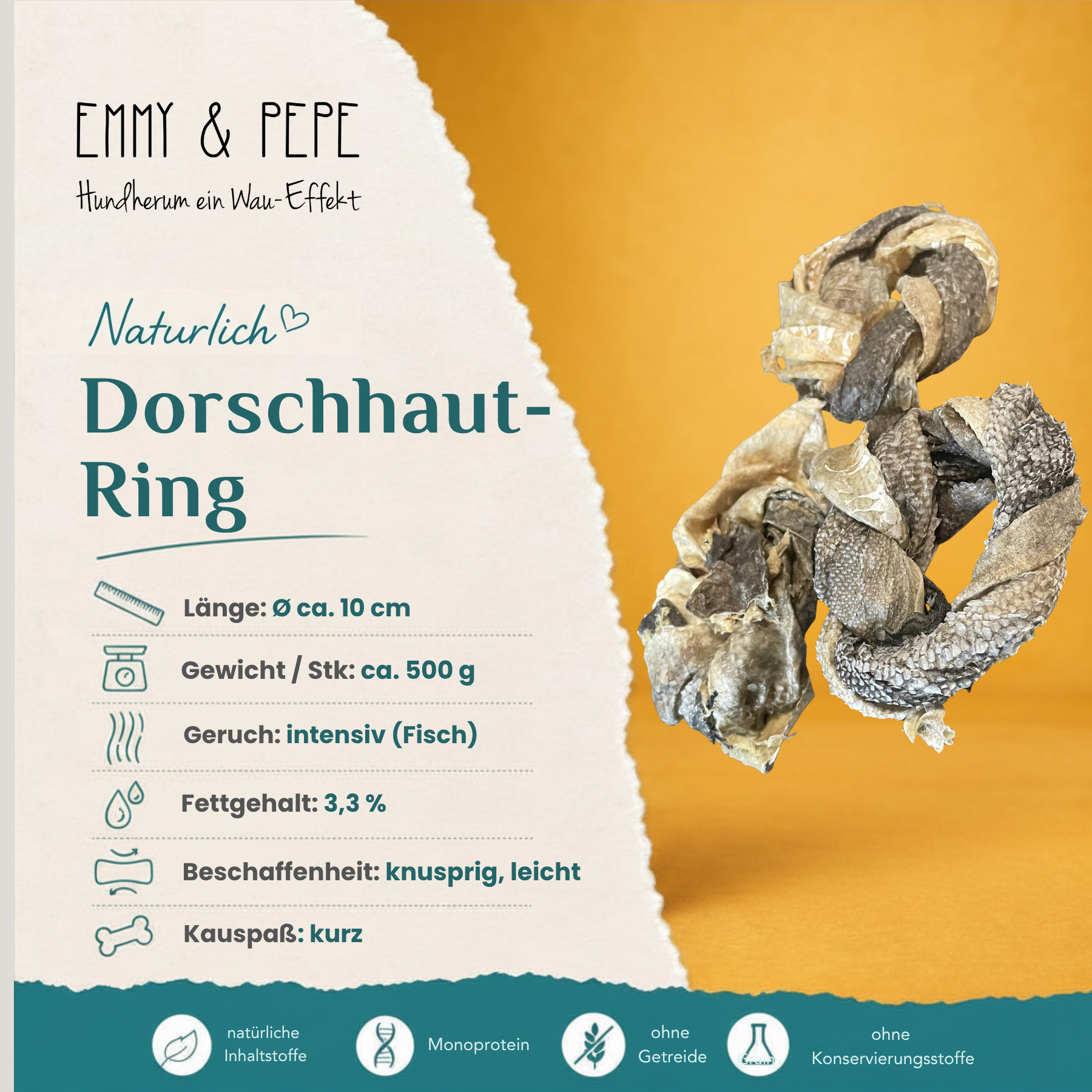Produkteigenschaften Dorschhaut Ring Gedreht für Hunde – Fettgehalt, Beschaffenheit und Kauspaß