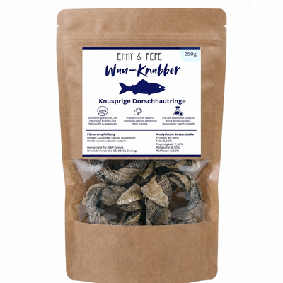 Wau-Knabber Dorschhaut Ring Gedreht von EMMY & PEPE – Produkttüte, 100 % Dorsch, schonend getrocknet