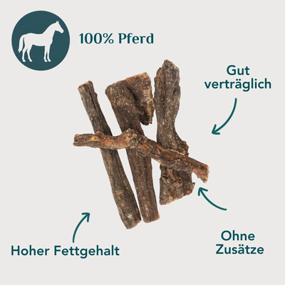 Wau-Knabber Pferdefleisch getrocknet freigestellt – 100 % Pferd, 79,8 % Rohprotein, hypoallergen, ohne Zusätze