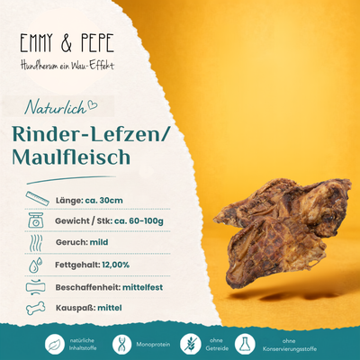 Produkteigenschaften Rinder-Lefzen Maulfleisch für Hunde – Fettgehalt, Beschaffenheit und Kauspaß