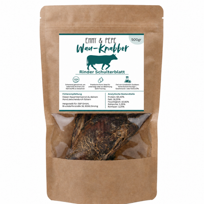 Wau-Knabber Rinder Schulterblatt von EMMY & PEPE – Produkttüte, 100 % Rind, schonend getrocknet