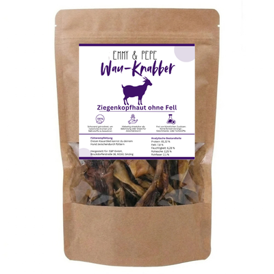 Wau-Knabber Ziegenkopfhaut ohne Fell von EMMY & PEPE – Produkttüte, 100 % Ziege, schonend getrocknet