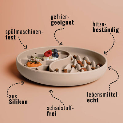 Anti-Schlingnapf aus lebensmittelechtem Silikon – spülmaschinenfest, schadstofffrei und hitzebeständig.