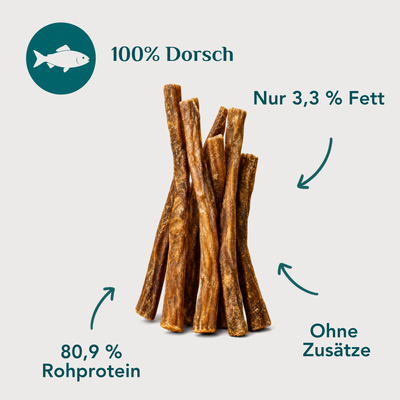 Dorschhaut Sticks für Hunde – 100 % Dorsch, 80,9 % Protein, nur 3,3 % Fett, magerer 