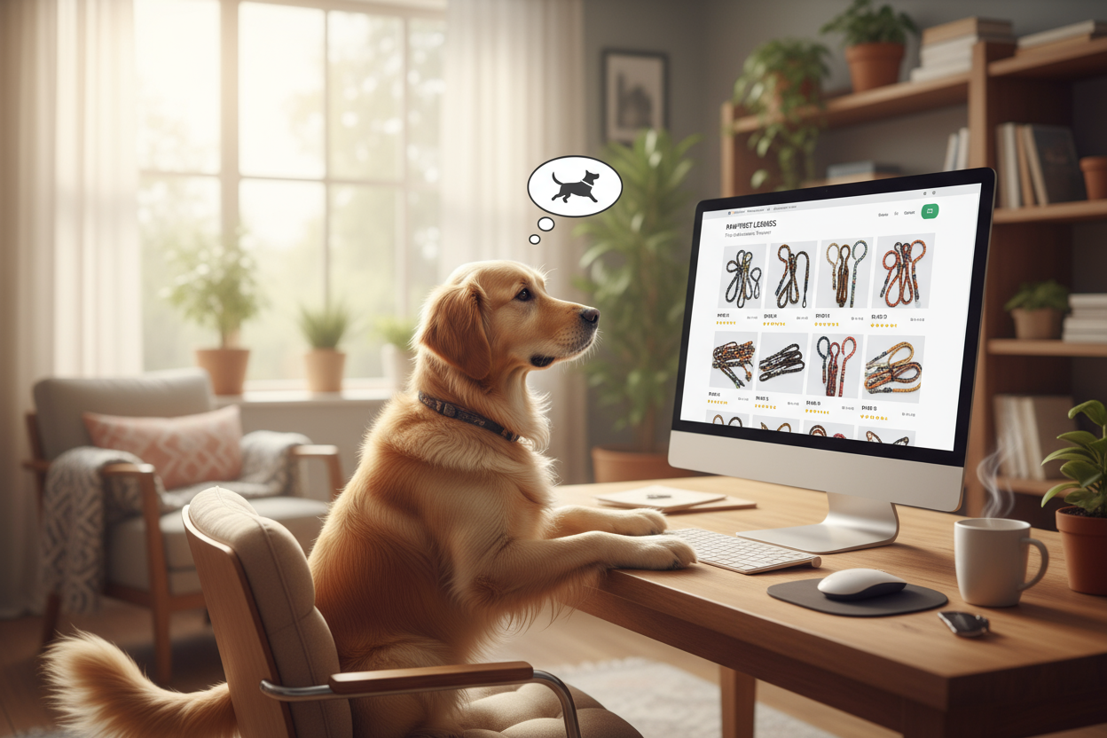 Ein hund sitzt vor dem Rechner und sucht in einem Onlineshop nach einer neuen Leine