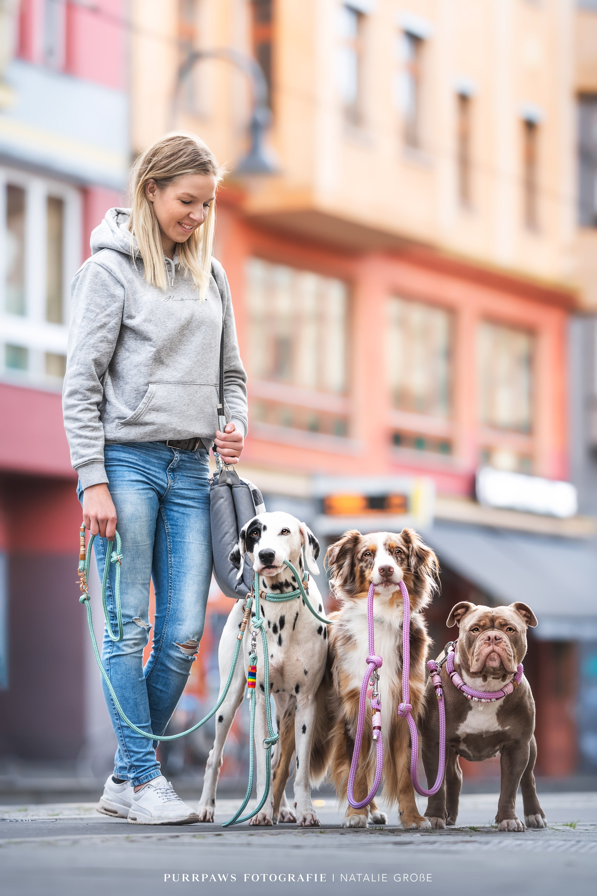 Frau führt drei Hunde an farbigen EMMY & PEPE Leinen durch die Altstadt