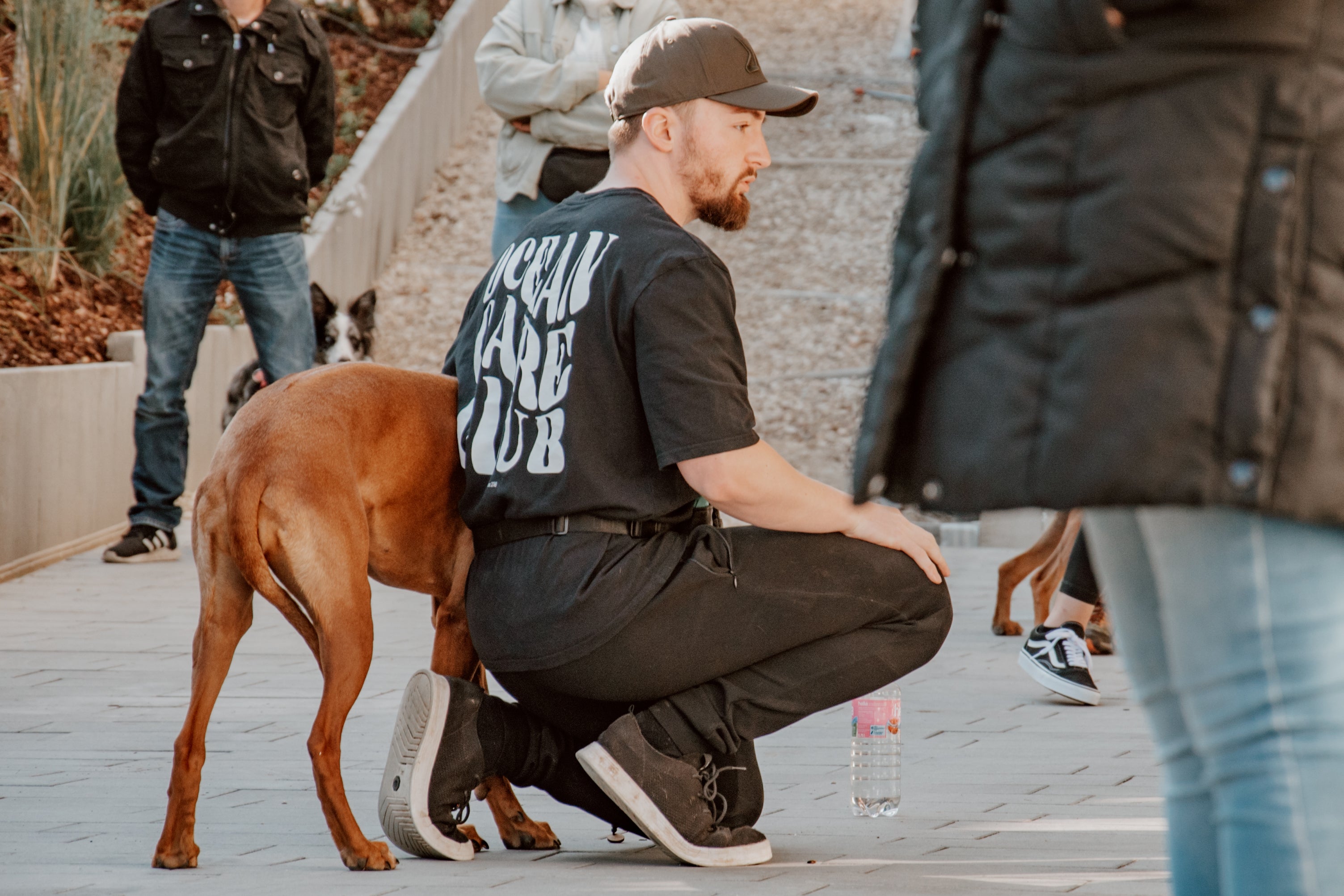 Mann kniet auf der Straße und streichelt seinen Hund