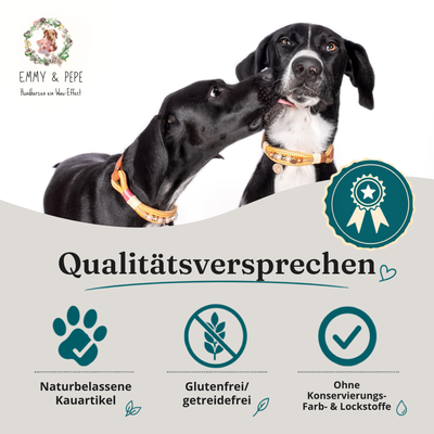 EMMY & PEPE Qualitätsversprechen Kauartikel – schonend getrocknet, 100 % Monoprotein, ohne Konservierungsstoffe, transparent deklariert