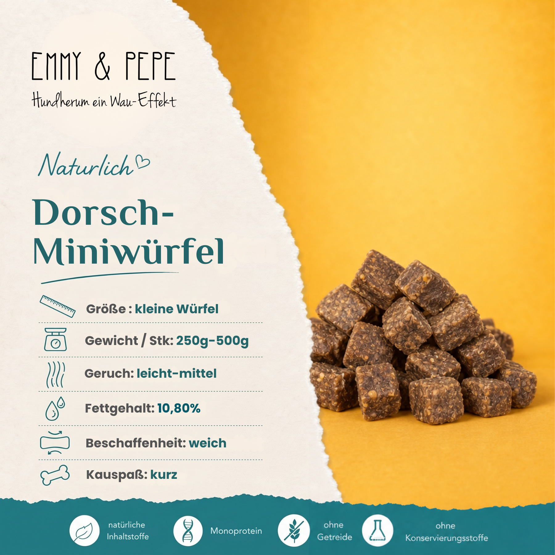 Dorsch-Miniwürfel für Hunde – milder Fisch-Kausnack für Allergiker | EMMY & PEPE