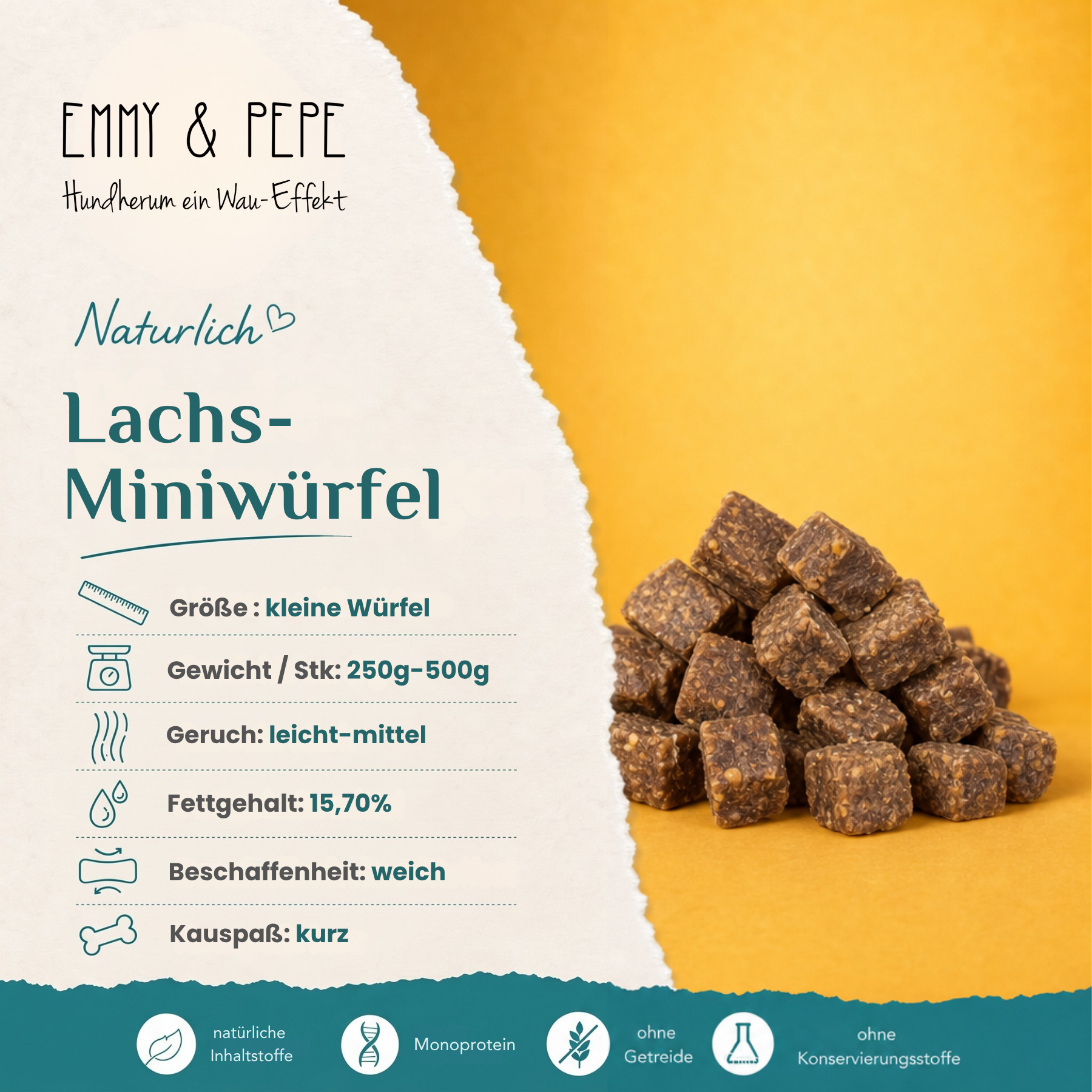Lachs-Miniwürfel für Hunde – proteinreicher Trainingssnack aus 100% Lachs | EMMY & PEPE
