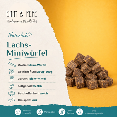 Lachs-Miniwürfel für Hunde – proteinreicher Trainingssnack aus 100% Lachs | EMMY & PEPE