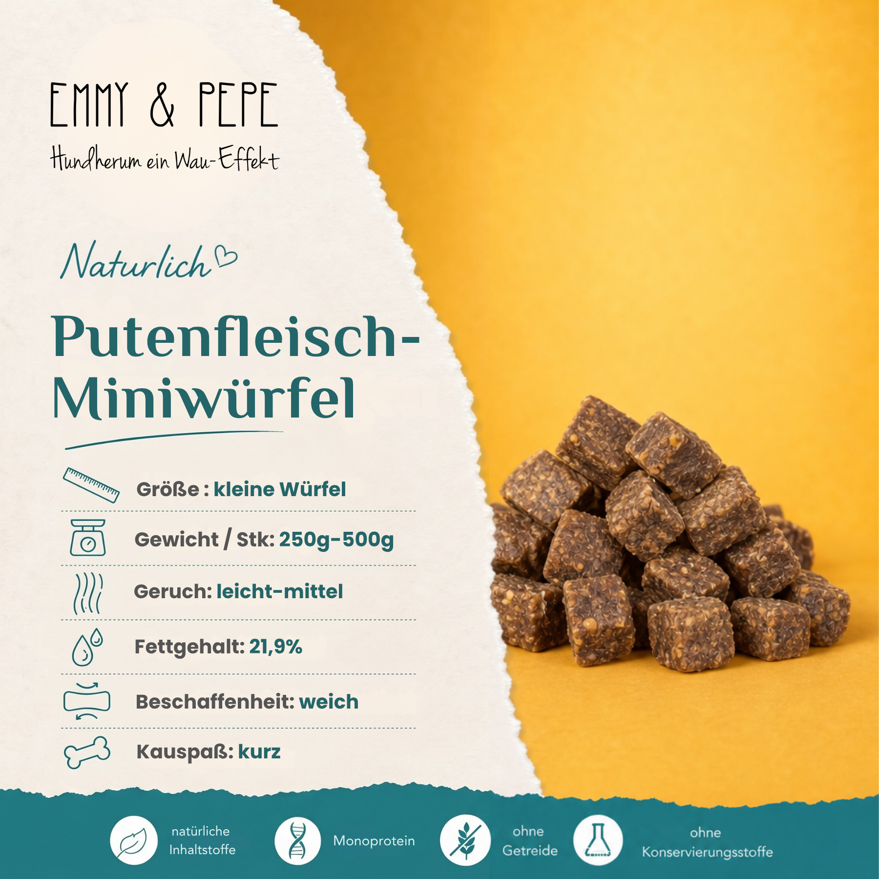 Putenfleisch-Miniwürfel für Hunde – energiereicher Kausnack aus Putenfleisch | EMMY & PEPE