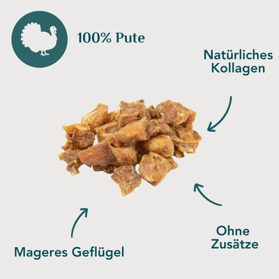 Emmy & Pepe Putenfleisch Miniwürfel – Icons zu 100% Pute, Natürliches Kollagen, Mageres Geflügel und Ohne Zusätze, im Hintergrund ein Haufen getrockneter Putenfleisch-Miniwürfel