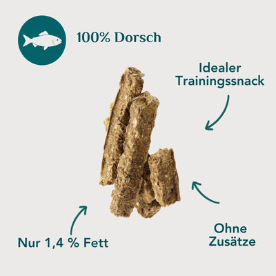 Wau-Knabber Dorschfleisch Sticks freigestellt – 100 % Dorsch, nur 1,4 % Fett, 66,1 % Rohprotein, ohne Zusätze