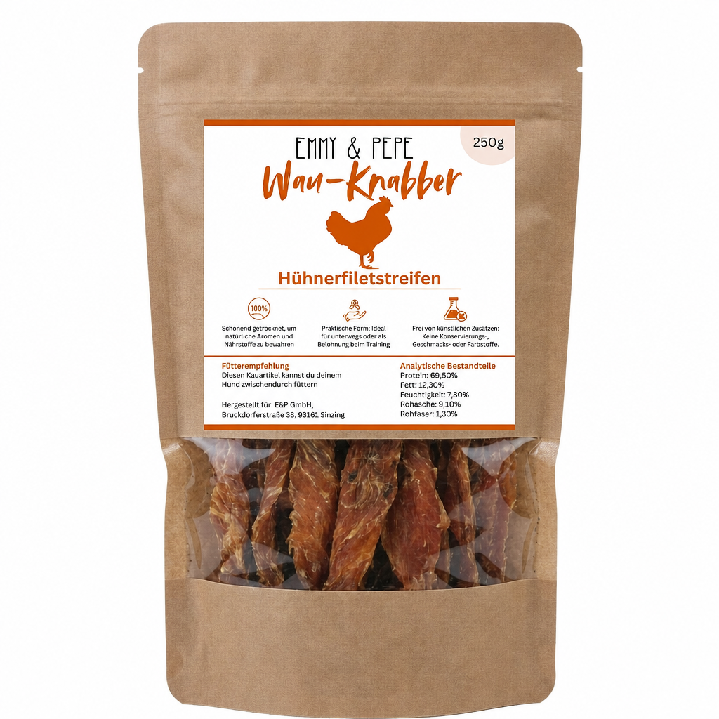 Wau-Knabber Hühnerfilet Streifen von EMMY & PEPE – Produkttüte, 100 % Huhn, schonend getrocknet