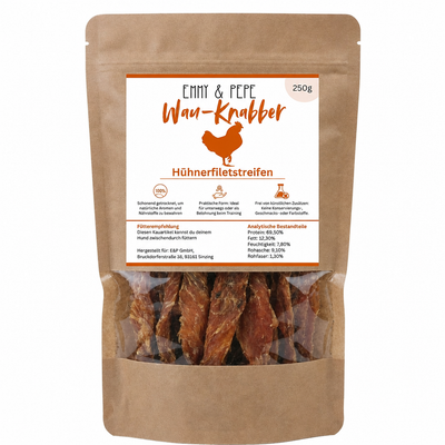 Wau-Knabber Hühnerfilet Streifen von EMMY & PEPE – Produkttüte, 100 % Huhn, schonend getrocknet