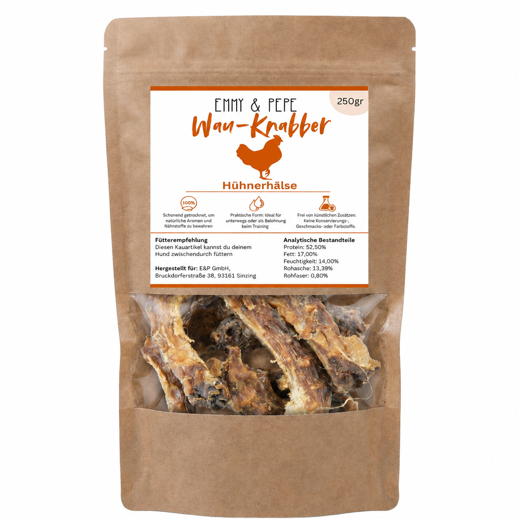 Wau-Knabber Hühnerhälse von EMMY & PEPE – Produkttüte, 100 % Huhn, schonend getrocknet