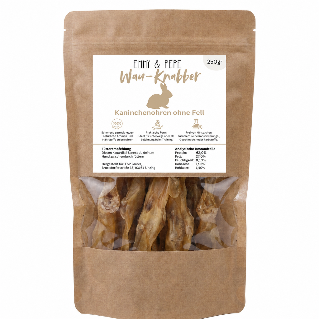 Wau-Knabber Kaninchenohren ohne Fell von EMMY & PEPE – Produkttüte, 100 % Kaninchen, schonend getrocknet