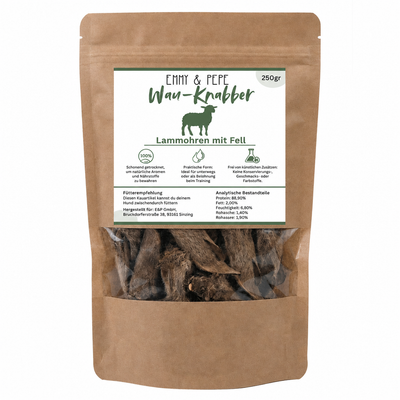 Wau-Knabber Lammohren mit Fell von EMMY & PEPE – Produkttüte, 100 % Lamm, schonend getrocknet