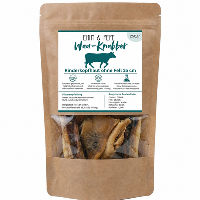 Wau-Knabber Rinderkopfhaut 15cm ohne Fell von EMMY & PEPE – Produkttüte mit Nährwertangaben, 100 % Rind, schonend getrocknet