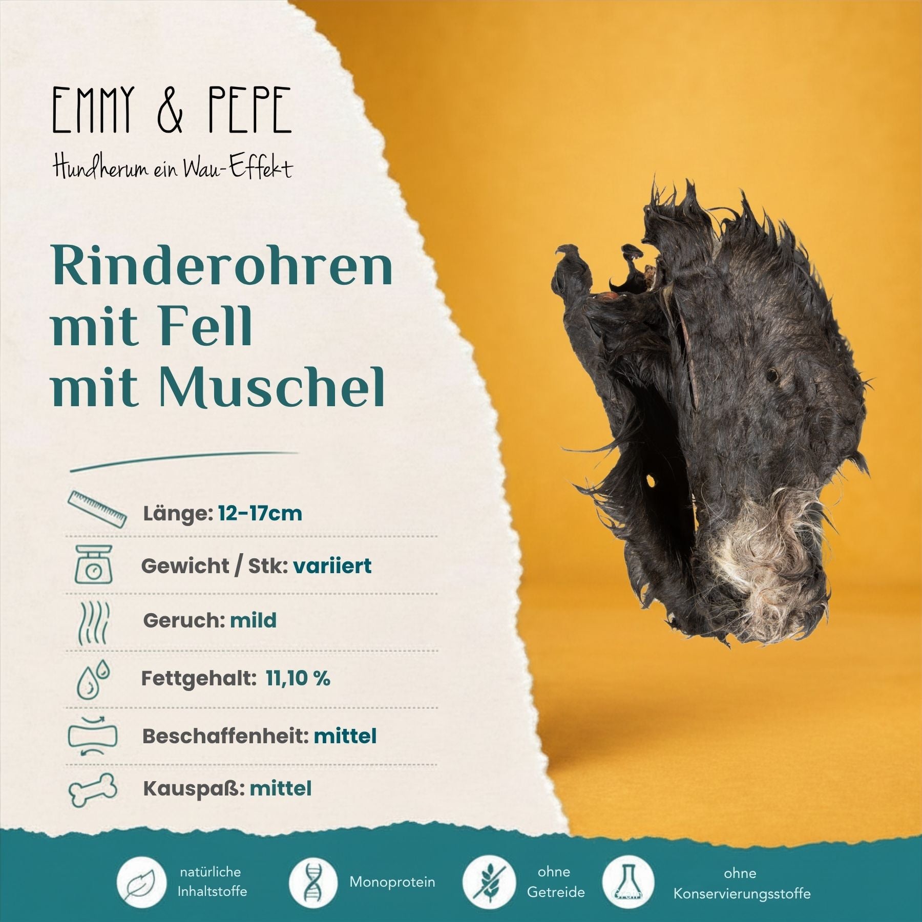 Produkteigenschaften Rinderohren mit Fell für Hunde – Rohfaser, Fettgehalt, Beschaffenheit und Kauspaß