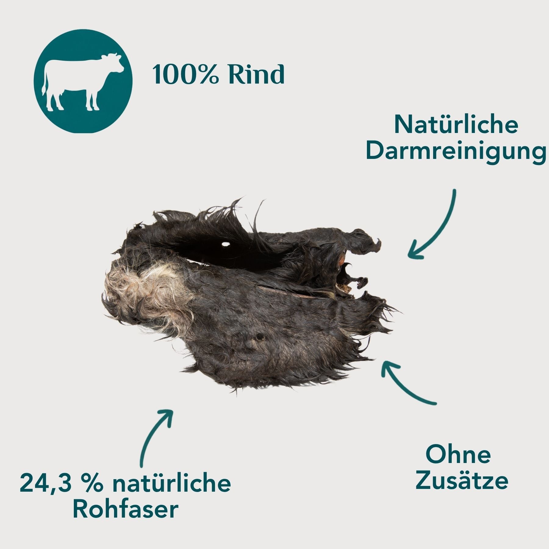Wau-Knabber Rinderohren mit Fell freigestellt – 100 % Rind, 24,3 % natürliche Rohfaser, ohne Zusätze