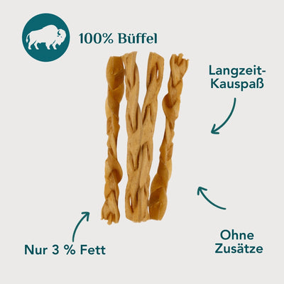 Büffelhaut-Zöpfe für Hunde – 100 % Büffel, 79 % Protein, nur 3 % Fett, magerer Langzeit-Kausnack ohne Zusätze | EMMY & PEPE