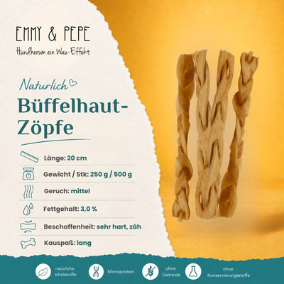 Eigenschaften Büffelhaut-Zöpfe – natürlicher Hundesnack, 79 % Protein, 3 % Fett, täglich einsetzbar, Langzeit-Kauspaß | EMMY & PEPE
