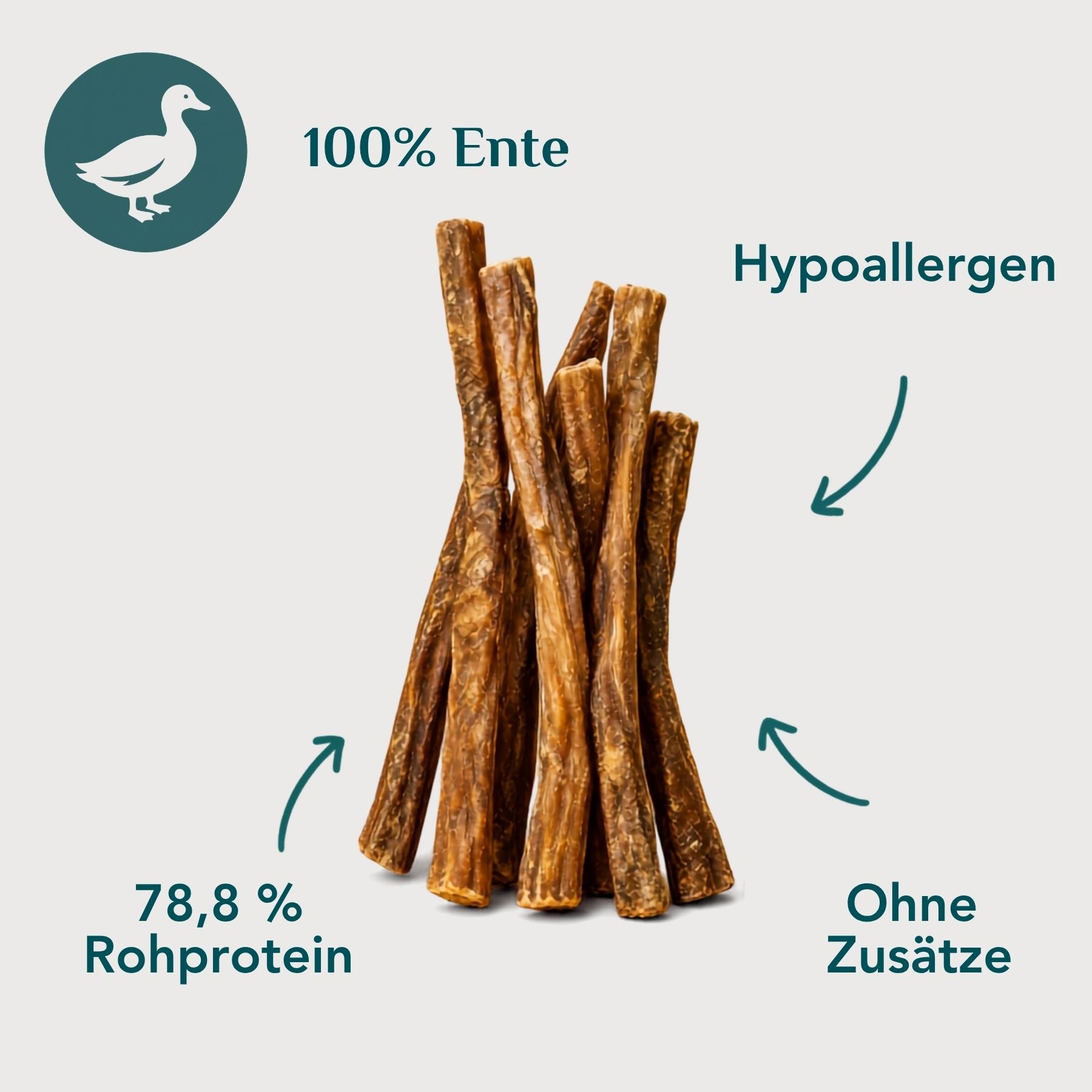 Wau-Stangerl Entenfleischstangerl freigestellt – 100 % Ente, 78,8 % Rohprotein, hypoallergen, schonend getrocknet, ohne Zusätze