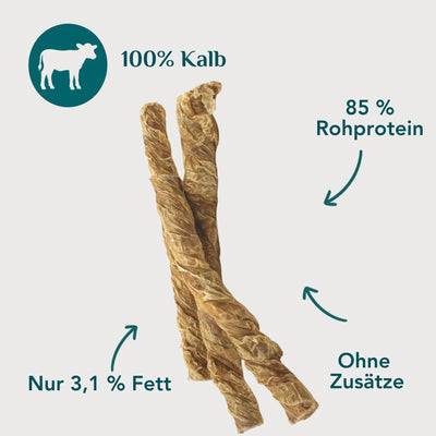 Kälberblase gedreht für Hunde – 100 % Kalb, 85 % Protein, nur 3,1 % Fett, magerer Kausnack ohne Zusätze | EMMY & PEPE