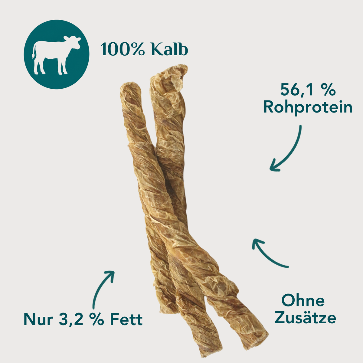 Kälberblase gedreht für Hunde – 100 % Kalb, 85 % Protein, nur 3,1 % Fett, magerer Kausnack ohne Zusätze | EMMY & PEPE