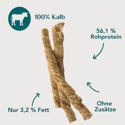 Kälberblase gedreht für Hunde – 100 % Kalb, 85 % Protein, nur 3,1 % Fett, magerer Kausnack ohne Zusätze | EMMY & PEPE