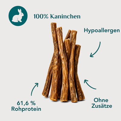 Wau-Stangerl Kaninchenfleischstangerl freigestellt – 100 % Kaninchen, hypoallergen, 61,6 % Rohprotein, schonend getrocknet, ohne Zusätze