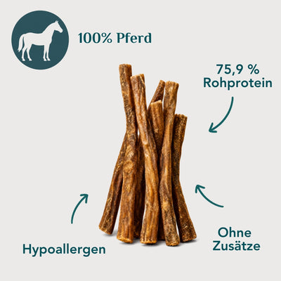 Pferdefleischstangerl für Hunde – 100 % Pferd, 75,9 % Protein, hypoallergen, magerer Kausnack ohne Zusätze | EMMY & PEPE