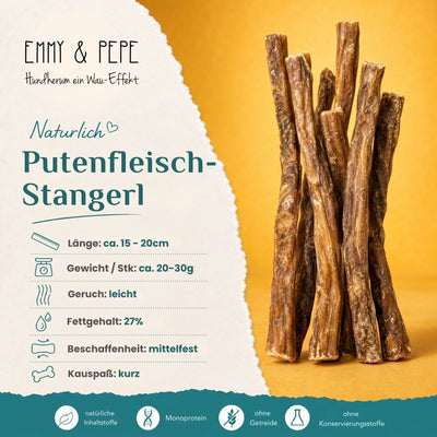 Wau-Stangerl Putenfleischstangerl getrocknet – Kauartikel für Hunde: 57 % Rohprotein, 26 % Fett, mageres Geflügel als Gelegenheitssnack für Hunde aller Größen