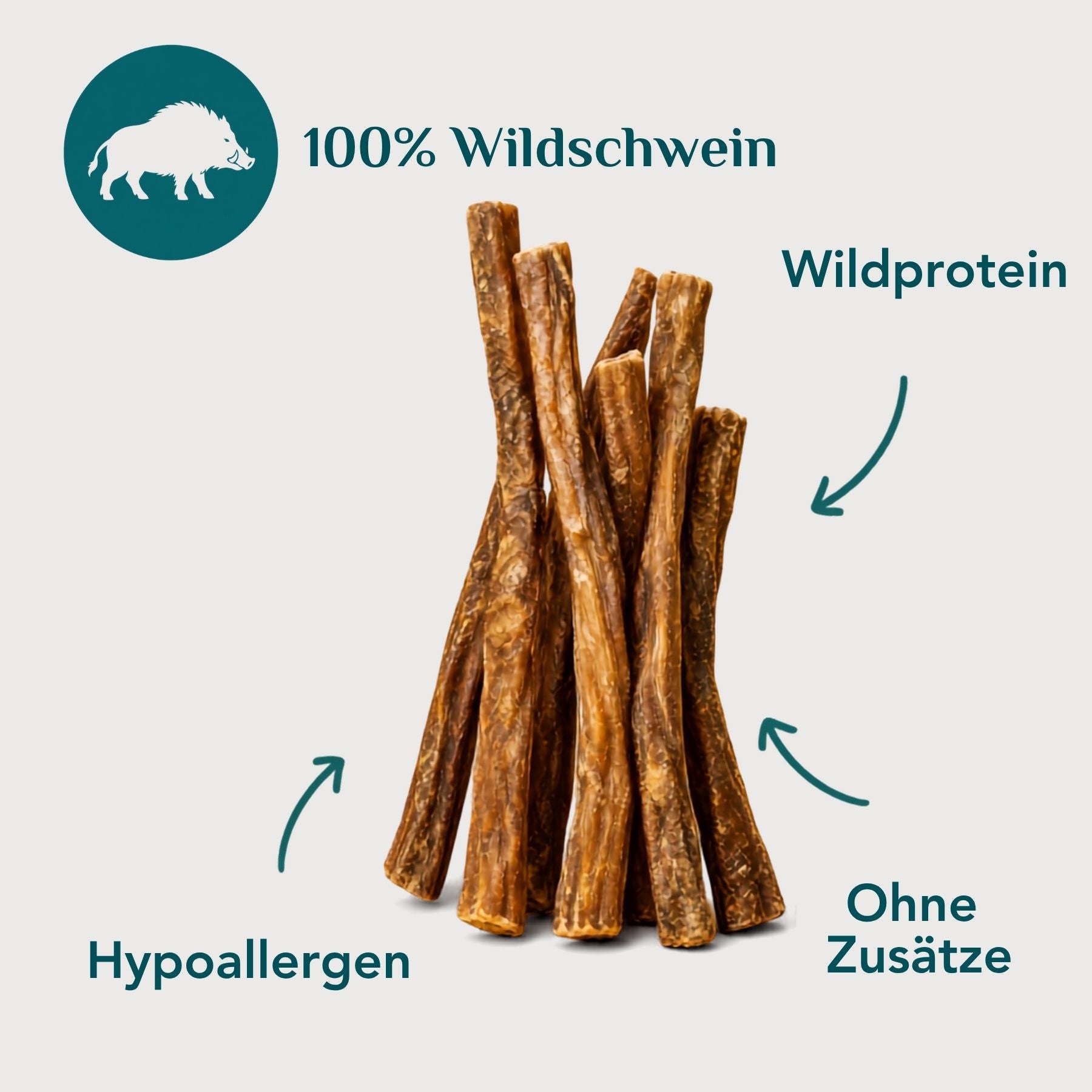 Wildschweinfleischstangerl für Hunde – 100 % Wildschwein, hypoallergenes Wildprotein, Kausnack ohne Zusätze | EMMY & PEPE