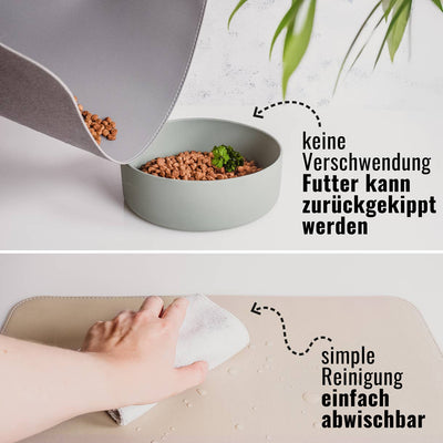 Flexible Napfunterlage aus veganem Leder zum einfachen Zurückkippen von Futterresten