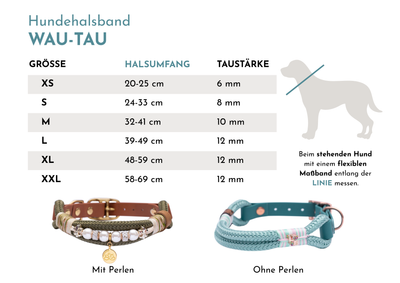 Größentabelle für das WAU-TAU Hundehalsband aus Tau mit Halsumfang und Tau-Stärke sowie Messanleitung für die richtige Größe.