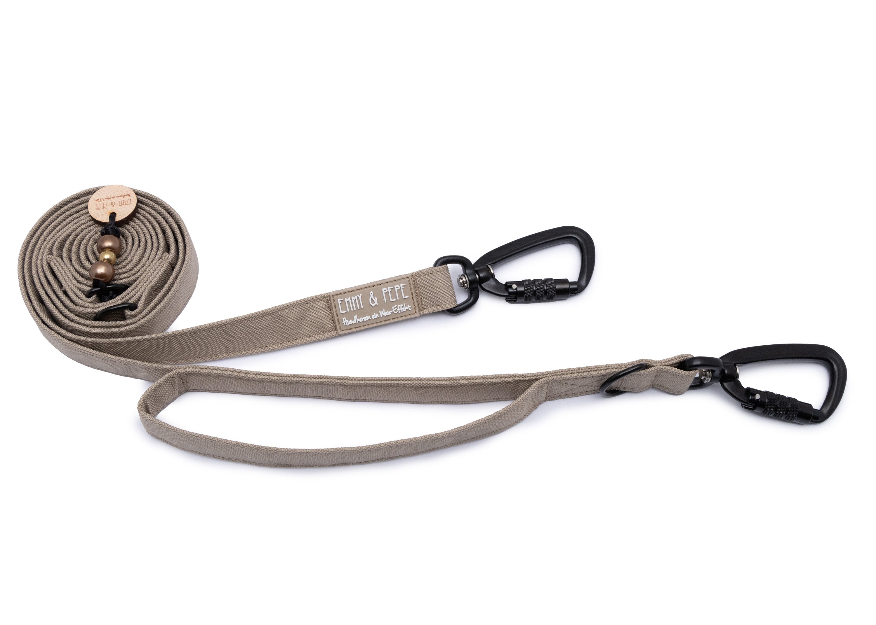 Hundeleine mit integriertem Kurzführer und Sicherheitskarabiner aus robustem Outdoorstoff in Creme von EMMY & PEPE – 2 m lang, 3-fach verstellbar für mittelgroße und große Hunde.