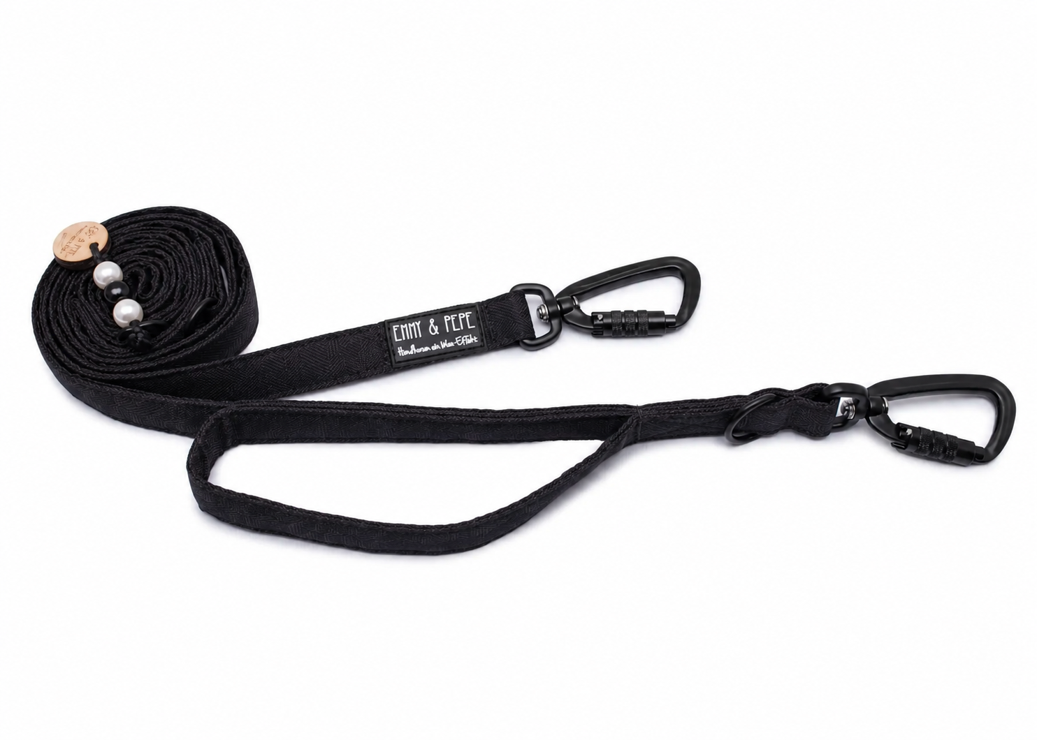 Hundeleine mit integriertem Kurzführer und Sicherheitskarabiner aus robustem Outdoorstoff in Schwarz von EMMY & PEPE – 2 m lang, 3-fach verstellbar für mittelgroße und große Hunde.
