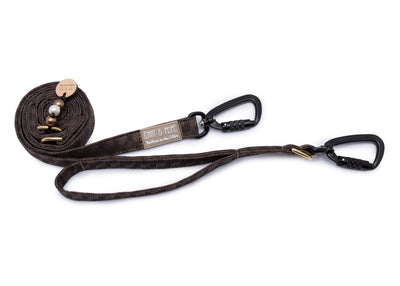 Hundeleine mit integriertem Kurzführer und Sicherheitskarabiner aus robustem Outdoorstoff in Schwarz & Braun von EMMY & PEPE – 2 m lang, 3-fach verstellbar für mittelgroße und große Hunde.