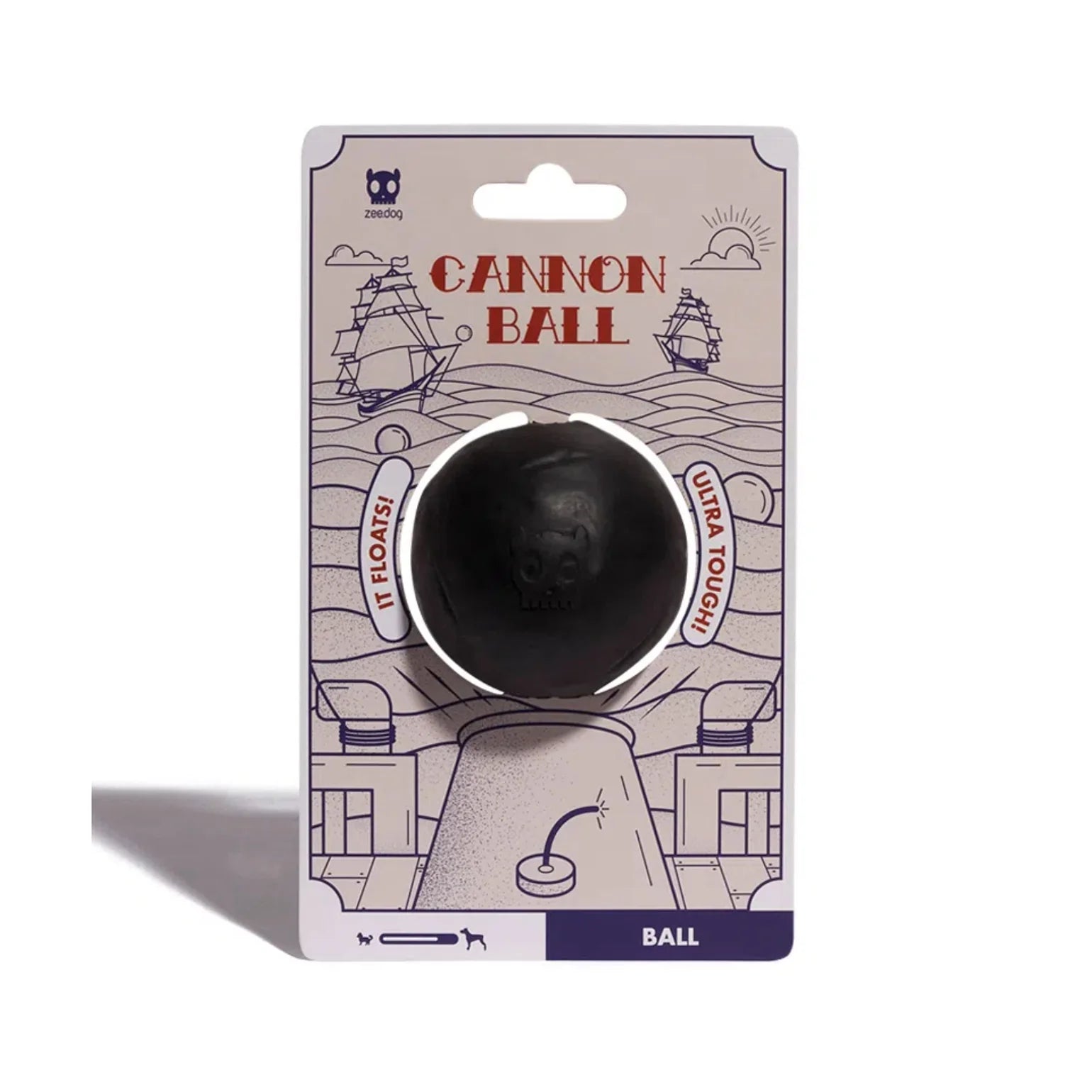 Schwarzer Ball mit Pappverpackung, mit der Beschriftung Canon Ball (it float/ Ultra Tough)