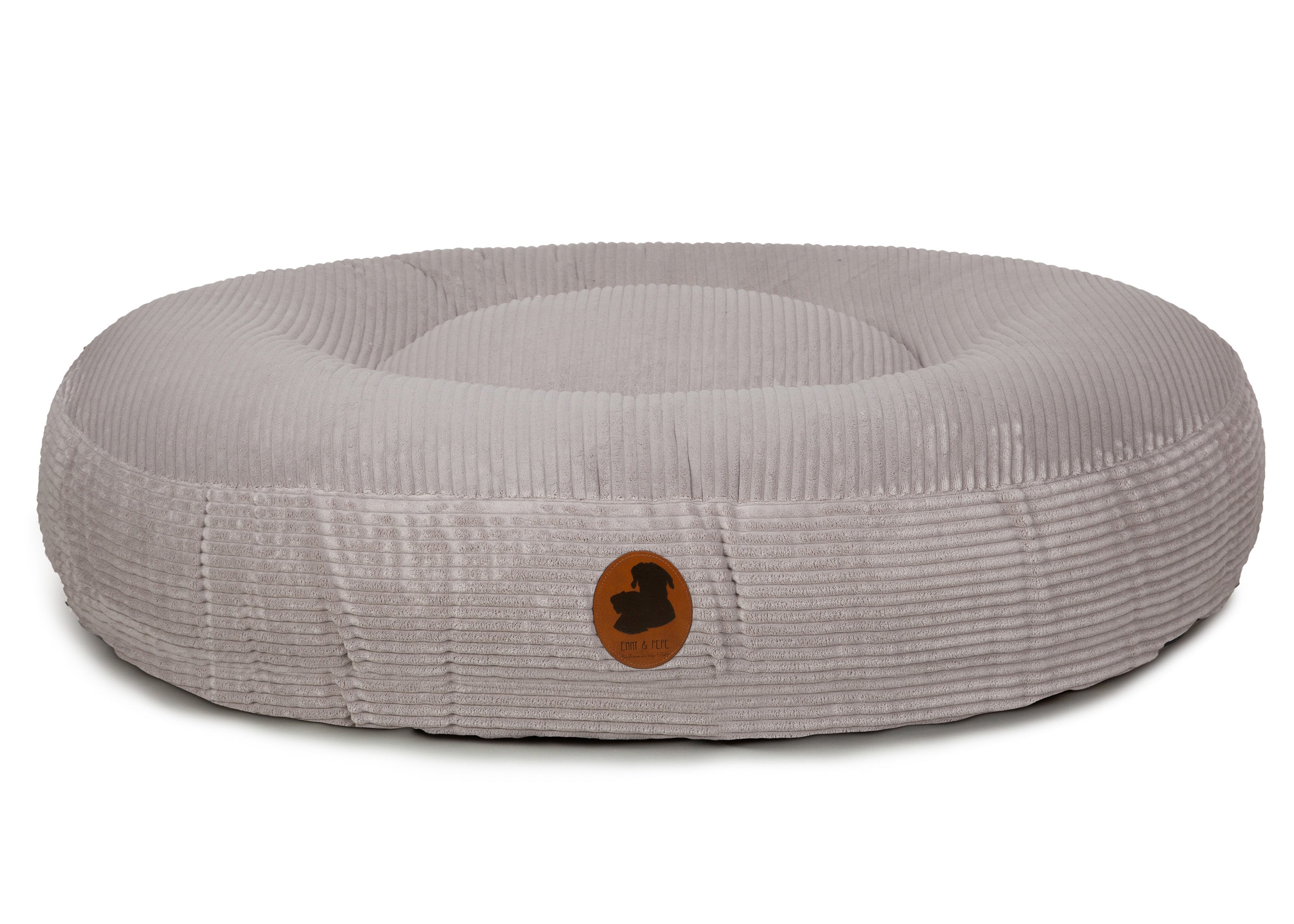 orthopaedisches Hundebett Wau-Bed Cord für Hunde auf weißem Hintergrund in der Farbe Hellgrau in Oval von EMMY & PEPE
