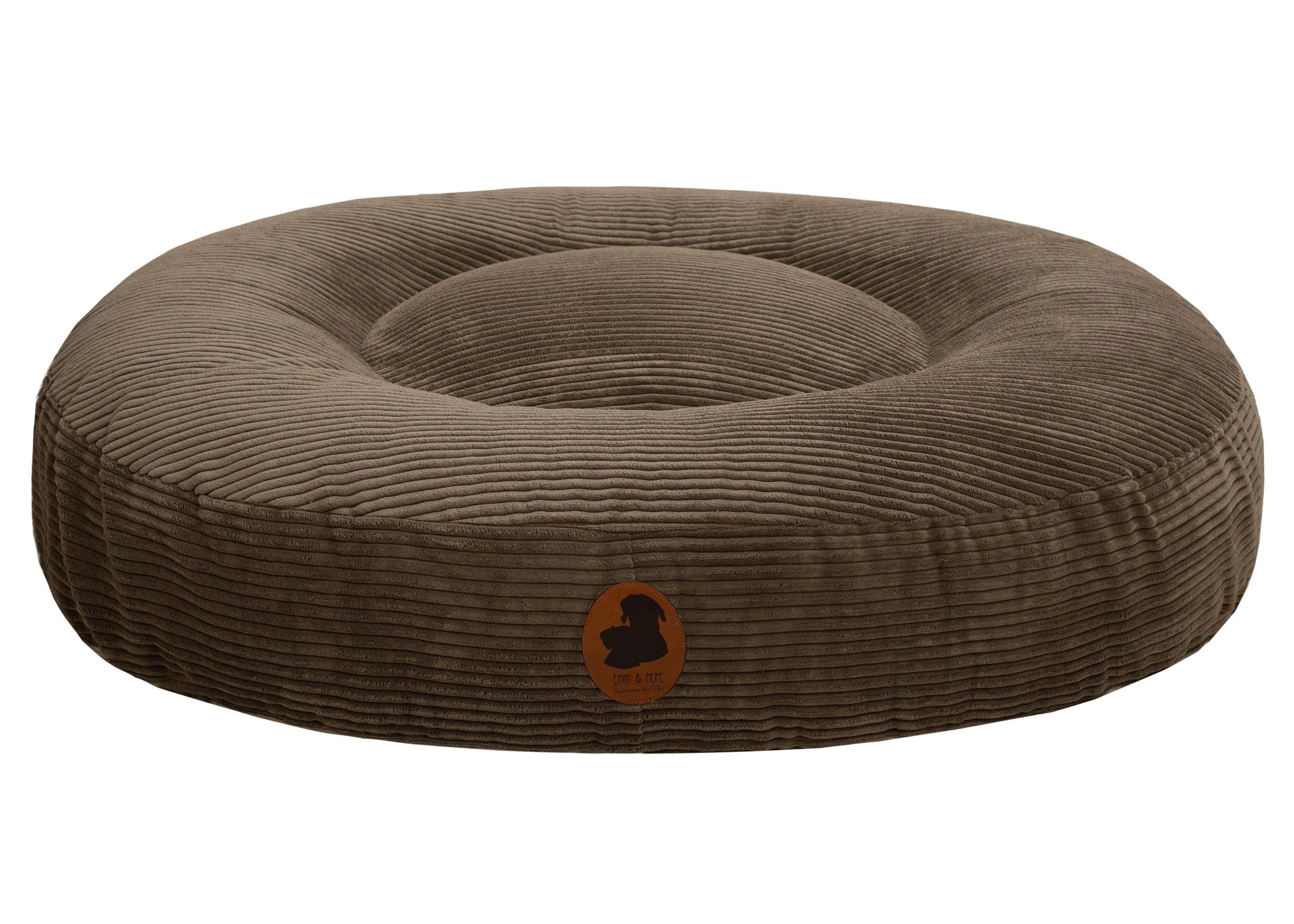 orthopaedisches Hundebett Wau-Bed Cord für Hunde auf weißem Hintergrund in der Farbe Olive/Grün in Oval von EMMY & PEPE