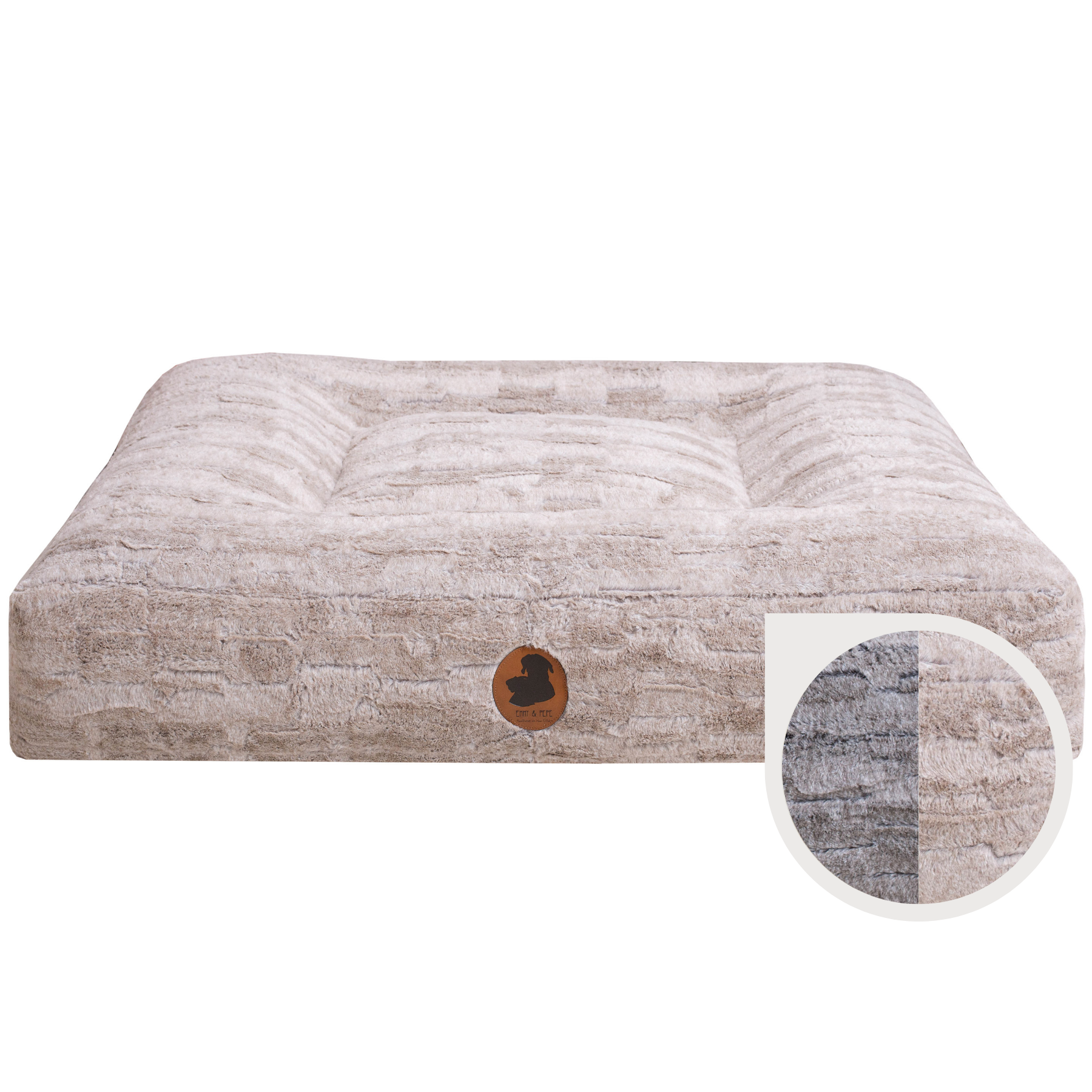 orthopaedisches Hundebett Wau-Bed Cuddle für Hunde auf weißem Hintergrund in der Farbe Taupe von EMMY & PEPE mit Stofffarbkreis