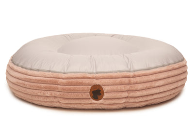 Sommerseite des orthopaedisches Hundebetts Kuschelcord Big für Hunde auf weißem Hintergrund in der Farbe Lachs in Oval von EMMY & PEPE