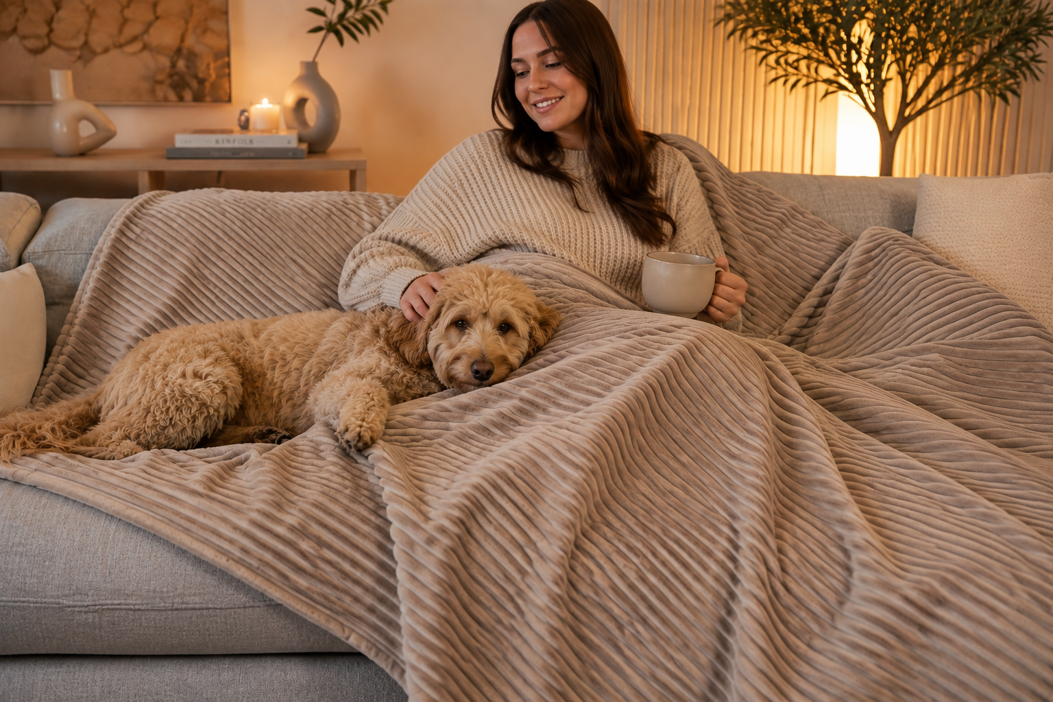 Kuschelige Sofadecke aus Cord für Mensch und Hund auf dem Sofa