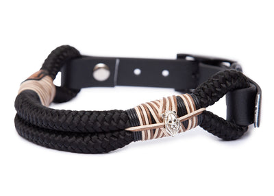 Handgefertigtes Tauhalsband ohne Perlen in Schwarz mit Takelung in Creme, Braun 6 Schwarz und Biothane-Verschluss für Hunde – robust, vegan und individuell verstellbar von EMMY&PEPE 