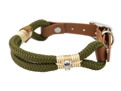 Handgefertigtes Tauhalsband ohne Perlen in Olive mit cremefarbener Takelung und Biothane-Verschluss für Hunde – robust, vegan und individuell verstellbar von EMMY&PEPE