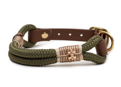 Handgefertigtes Tauhalsband ohne Perlen in Olive mit Brauner Takelung und Biothane-Verschluss für Hunde – robust, vegan und individuell verstellbar von EMMY&PEPE